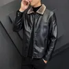 Men's Leather Faux Leather Korean Latest Fleece Fur Leather Jacket Men Winter Fashion Laple Zipper Straight Hem Formal Casual Coats Bomber Leather Jacket 230204