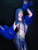 Sahne Wear Sparkly Rhinestones Mavi Saçak Şeffaf Kısa Elbise Tüylü Kollar Doğum Günü Kostüm Kostüm Seksi Dansçı Akşam
