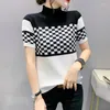 Dames T-shirts Spring korte mouw trui gebreide tops voor vrouwen modecontrast plaid helft coltrucecies breier t-shirts y2k