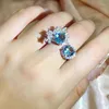 Klusterringar överdrivna oregelbundna ovala havblå topas safiröppning justerbar ring för kvinnor blommor full diamant gåva fest smycken