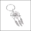 Key Rings Vintage Sliver Feather Dreamcather Round Hollow Keychain For Women Tassel Beads Leaf Ring Fit Bag Car Decorative Jewelry D Dhgeh