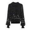 Women's TShirt Spring Autumn Chiffon Shirt Loose Women Nail Bead Mesh Bottom Blouse Female Long Sleeve Solid Tops High Neck 5XL 230206