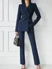 Kvinnor Tvåbitar byxor koreanska mode Kvinnor Vintage Blazer Pantsuit Office Slim Elegant Solid Formal Trousers Passar Female Chic Outterwear 2 Pieces Set 230207
