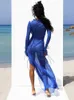 Casual Dresses Sexy V Neck Perspective Ruffle DrawString Tight Maxi For Women Spring Summer Elegant Side Split Party Vestido A1942 230207