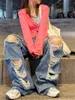 女子ジーンズレッドダッチックbe食スタイルの女性はママバギープラスサイズストレートワイドレッグパンツ韓国ストリートウェアルーズY2Kレディースズボン230206