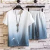 Tracki na gradient letni z krótkim rękawem zestaw T-shirt moda 2-częściowa streetwear 3D Printed Sports Beach Shorts Sportswear Men's 230207