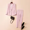 Womens Two Piece Pants Pink Black Pant Suits PCS Set UIT Apricot Business DoubleBreasted Button Nine Blazer Formal 230207