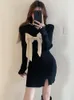 Casual Dresses Autumn Winter Knitted Dress Sexy Black Bow Split Fork Bottoming Short Long Sleeve Half High Collar Mini Party Female