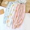 Women's Sleepwear Ladies Spring Trousers Cotton Gauze Home Pants Elastic Waist Sleep Bottoms Loose Thin Cartoon Lounge Wear Soft