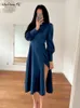 Casual jurken Mnealways18 Elegante avond marine Hollow Out Woman Satin Midi Party Spring Lantern Sleeves Sliky Keyhole 230207