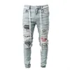 Мужские джинсы скинни с рваными модными сетчатыми нашивками для нищих, облегающие эластичные повседневные джинсовые брюки-карандаш с рисунком, мужские брюки для бега 230207