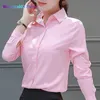 Kvinnors blusar skjortor Autumn Womens Button Up Shirt Cotton Tops and Bluses Casual Long Sleeve Ladies Shirts Pink/White Blusa Blusa Feminina Tops 020723h