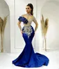 Royal Blue Mermaid Muslim Evening Party Dresses Crystals Rhinestones Illusion Sleeves Luxury Birthday Prom Gown For Dubai Women