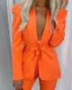 Womens Two Piece Pants Women Open Front Blazer Top Pant Fall 2 Sexy Club Outfits Solid Tie Set Orange Suit Streetwear 230207