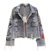 Womens Jackets Spring Autumn Women Street Fashion Graffiti Denim Jacket Female Short Frayed Raw Cut Rivet Jacket Fringe Jean Coat Outwear 230207