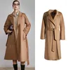 Trench da donna ondulata corrugata a doppia faccia di alta qualità in cashmere cappotto da donna 2023 Tie-up invernale Slim Temperament a metà lunghezza