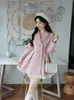 Повседневные платья теплые зимние розовые сладкие элегантные женщины кружевные корейские стиль вечеринка мини -женская женская длинная рукава винтаж милый пальто 230207
