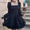 Vestidos casuais mangas compridas lolita preto gótico estético manga de pufff manga alta cintura vintage bandagem renda de renda de festa