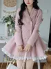 Robes décontractées chaud hiver rose doux femmes élégantes dentelle Style coréen fête Mini femme à manches longues France Vintage mignon manteau 230207