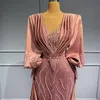 Arabische aso ebi mermaid avondjurken met treinroze roze kralen applique lange mouwen prom Formal Party tweede jurk gewaden