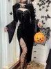 Casual Dresses Goth Dark Bandage Gothic Elegant Women High Split Lace Side Transprent Grunge Midi Dress Flare Sleeve Alt Crop Shrug Top 230207