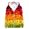 Moletons masculinos Primavera outono de fruta impressão de fruta kawaii Mulheres com zíper tops Casual Manga longa com zíper de capuz Sweetshirts