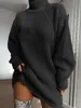 カジュアルドレス女性タートルネック特大のニットドレス秋のソリッドロングスリーブカジュアルエレガントなミニセータードレス冬の服230207
