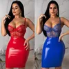 Casual Dresses PU Leather Patchwork Lace Floral Strappy Dress 2023 Women Bodycon Party Midi See Through Mesh Sexy Backless Club WearCasual