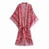 Kvinnors blusar Super Chic Kimono Sleeve Robe Kaftan Floral Print Boho Cardigan Sexig Side Slit Gypsy Beach Summer Long Women Shirts