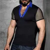 Camisetas para hombre Personalidad Est Tops Slim Fit Cuello vuelto Rejilla Manga corta Costuras Color sólido Deporte Casual Camiseta XXL