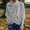 Women's T Shirts Casual Wrap Cross Slit Pleat Scarf Collar T-shirt Women Elegant Solid Fleece Top Pullover Spring Autumn Long Sleeve Office