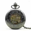 Pocket horloges Black Hollow Vintage Mechanical Watch Men Skeleton Canving Steampunk FOB Hand met ketting ketting vrouwen geschenk