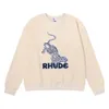 Hoodies Sweater Autumn and Winter New Rhude Leopard Letter Print High Weight Terry Round Neck for Men Women Couples