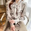 Damesblouses 2023 herfst shirt Koreaanse veelzijdige print lantaarn mouw strik dames top