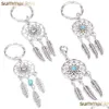 Key Rings Vintage Sliver Feather Dreamcather Round Hollow Keychain For Women Tassel Beads Leaf Ring Fit Bag Car Decorative Jewelry D Dhgeh