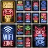 Pintura de metal vintage neon gamepad gamepad lettering poster decorativo wifi zona lata lata sala de jogos de parede arte placa moderna decoração de casa estética tamanho 30x20cm w01