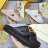 Summer Women Slipper Sandals Fashion Slides Luxury Metal Letter Flat Heel Real Leather Gladiator Sandles Sliders