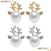 Boucles d'oreilles de Noël avec perle de renne pour enfants, incrustation de strass, beaux bijoux, cadeau, livraison directe Dhvxz