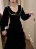 Casual Dresses 2023 Autumn French Elegant Midi Dress Woman Party Korean Fashion Slim Design Black Vintage Long Sleeve Chic