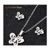 Pendant Necklaces Stainless Steel Butterfly Necklace Stud Earring Set For Women Girls Link Chain Lovely Sier Gold Jewelry Drop Deliv Dhwv4