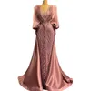 Arabische aso ebi mermaid avondjurken met treinroze roze kralen applique lange mouwen prom Formal Party tweede jurk gewaden