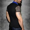 Men's T Shirts Personality Est Tops Slim Fit Turn Down Neck Fishnet Short Sleeve Stitching Solid Color Sport Casual T-Shirt XXL