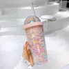 18.6オンス二重層プラスチックストローコーヒーマグタンブラーレインボースパンコールスターグリッターパウダースタイルプラスチックウォーターカップ