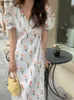 Casual Dresses Korean Chic Dress Elegant Temperament 2023 Orange Blue Floral Print V Neck A Line Lace-up Bow Tie Retro Vintage Dress Casual