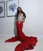 Sparkly Red Sequins Mermaid Prom Dresses 2023 For Black Girls Side Split Crystals Luxury Party Gown Cocktail Robes De Bal