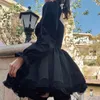 Vestidos casuais mangas compridas lolita preto gótico estético manga de pufff manga alta cintura vintage bandagem renda de renda de festa