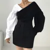 Women's Sweaters 2023 Autumn Winter Korean Fashion Cross V-neck Off Shoulder Contrast Color Stitching Bubble Sleeve Black T-Shirt Top
