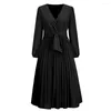 Casual Dresses Ladies Elegant Pleated Lantern Sleeve Midi Dress Women Causal V-neck Sashes Vintage Female Holiday Party 2023