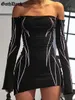 Casual Dresses Goth Dark Cyber Gothic Techwear Print Y2k Party Punk Off Shoulder Sexy Biker Mini For Women Full Sleeve Streetwear 230206