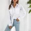 Bluzki damskie solidne białe podstawowe koszule kobiety Lapel Long Rleeve kieszenie Slim Button Up Office Blouse Ladie